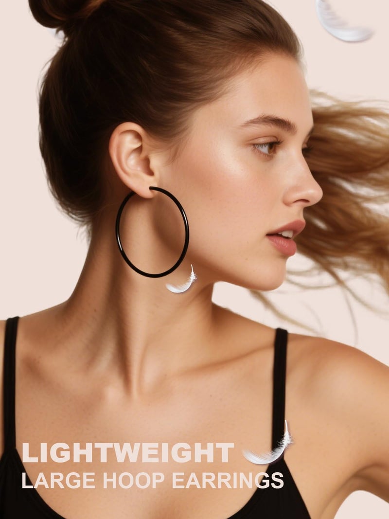 FOCALOOK 50mm Large Black Hoops, Hypoallergenic 2mm Thin Lightweight Black Earrings for Women - Image 3